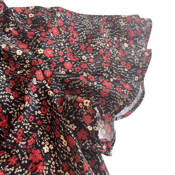 Zara Black Red Floral Print Short Sleeve Mock Neck Midi Dress Size Medium - Picture 6 of 9